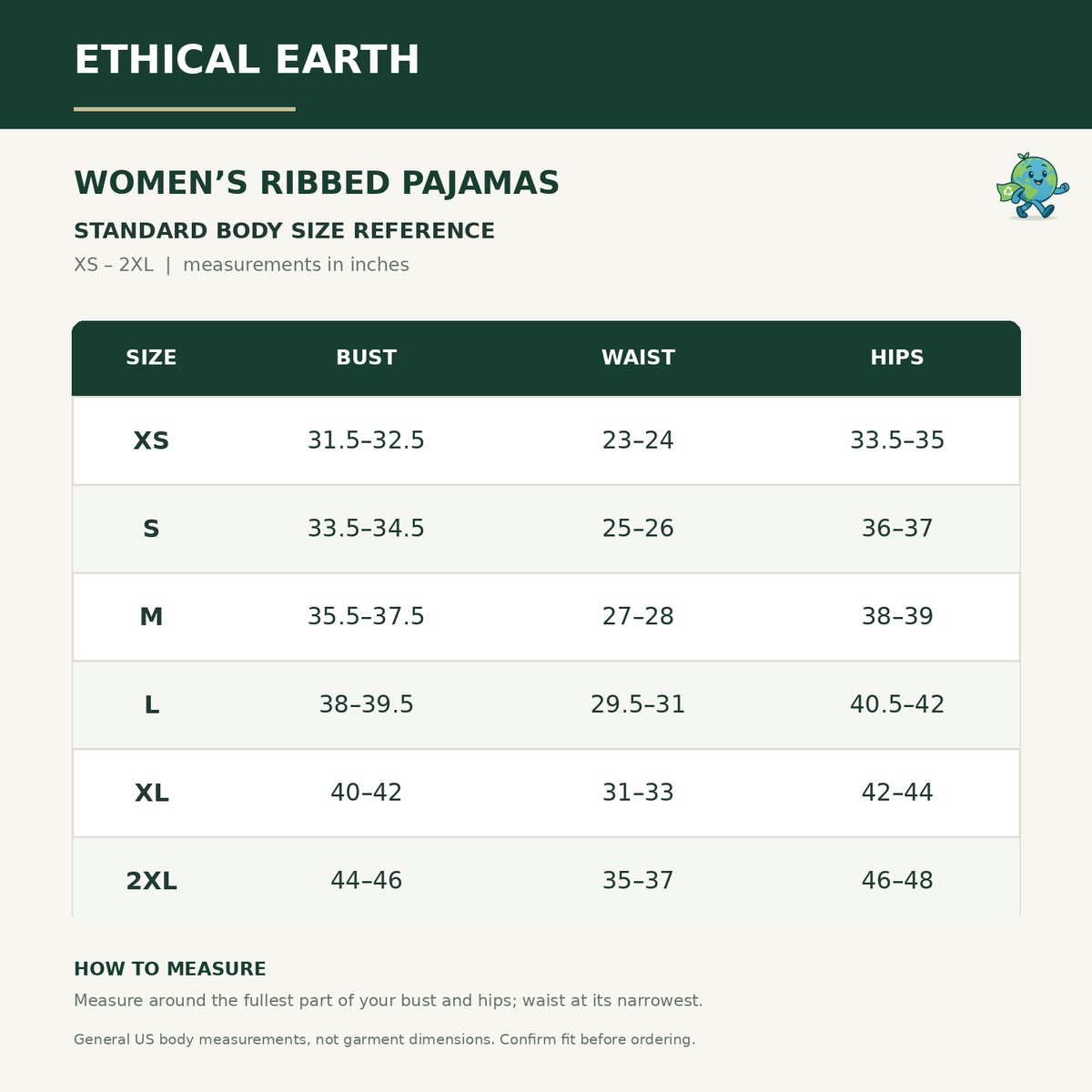 Ethical Earth women's ribbed pajama general US size guide XS through 2XL