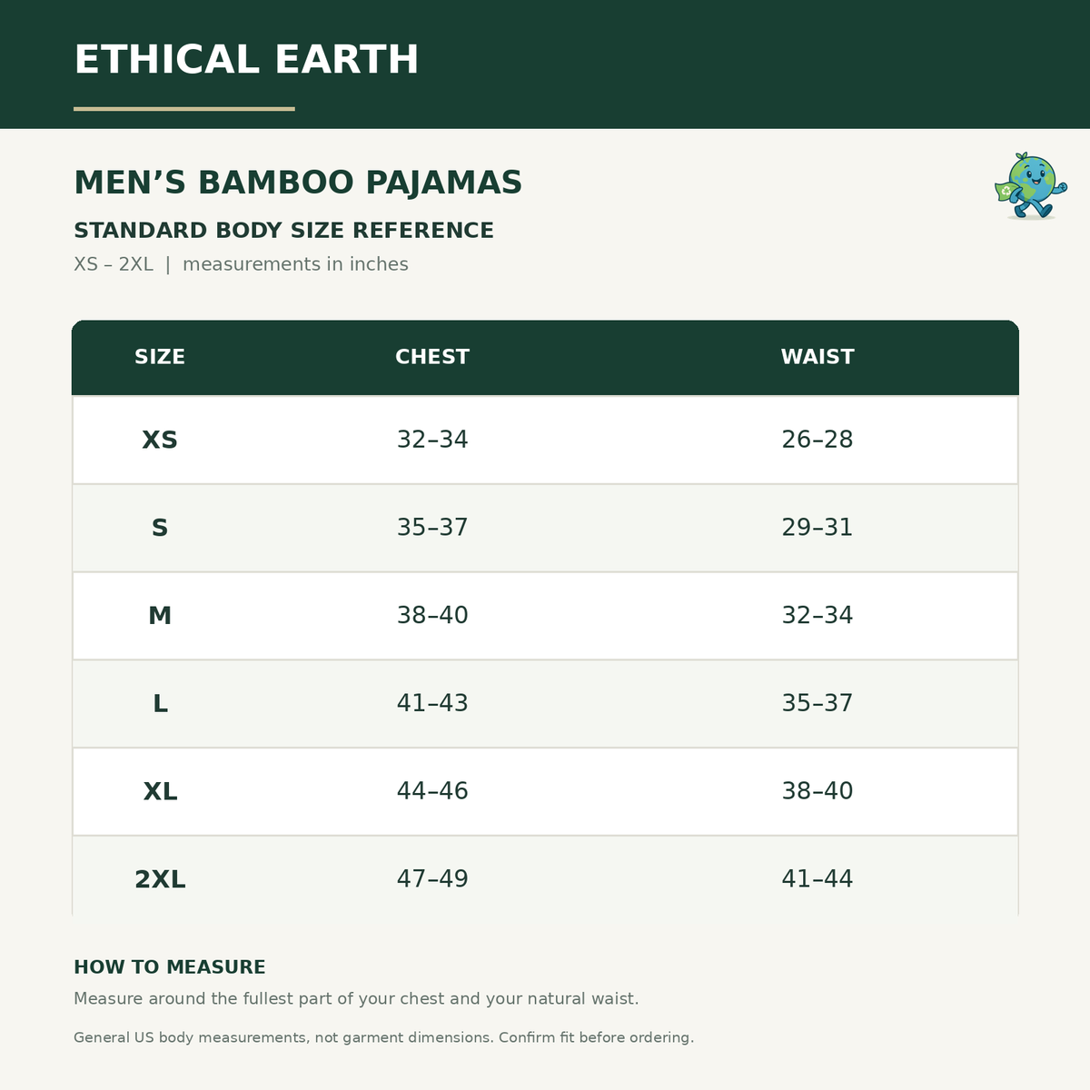 Ethical Earth men's pajama general US size guide XS through 2XL