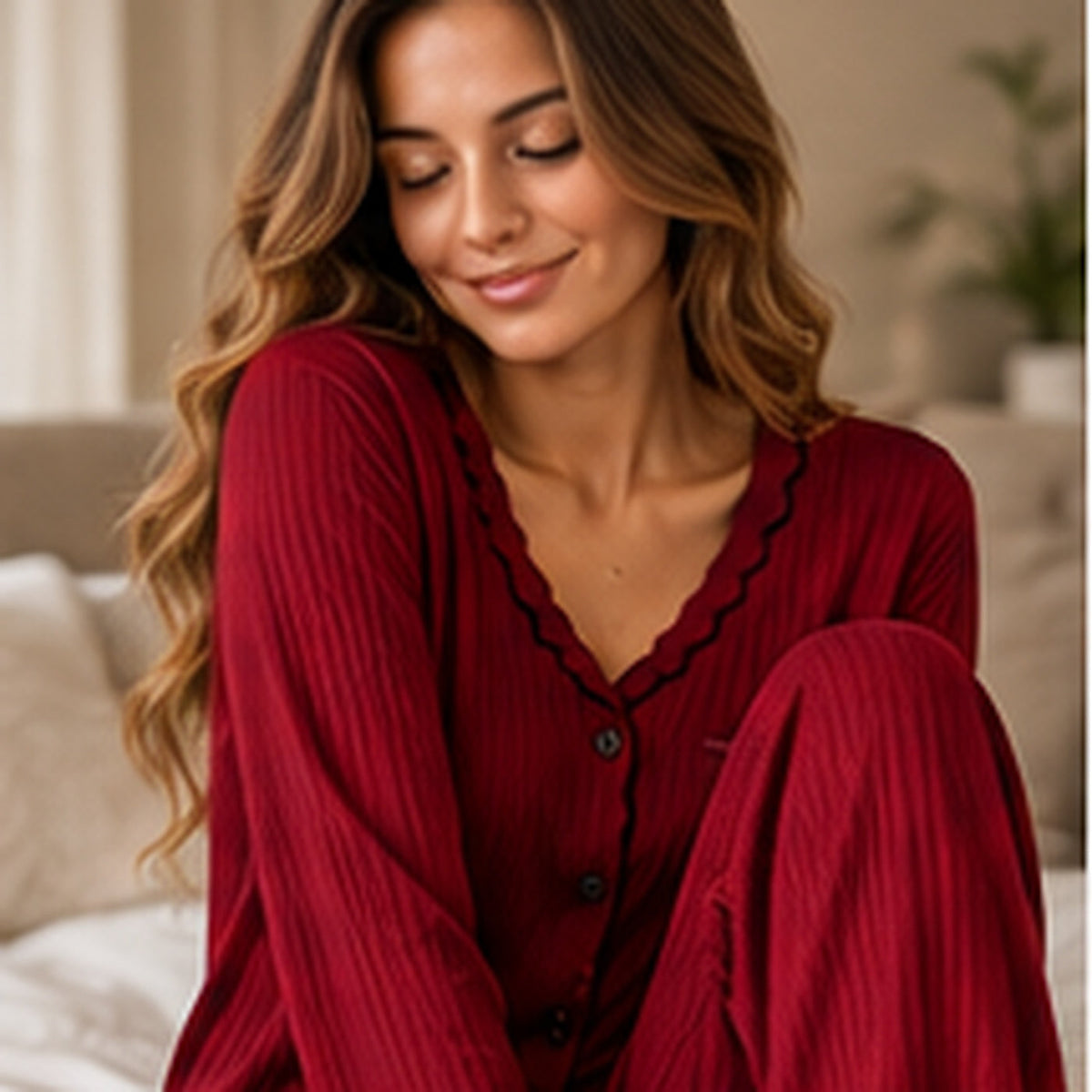 Red ribbed bamboo pajamas with dark lettuce edge trim on model