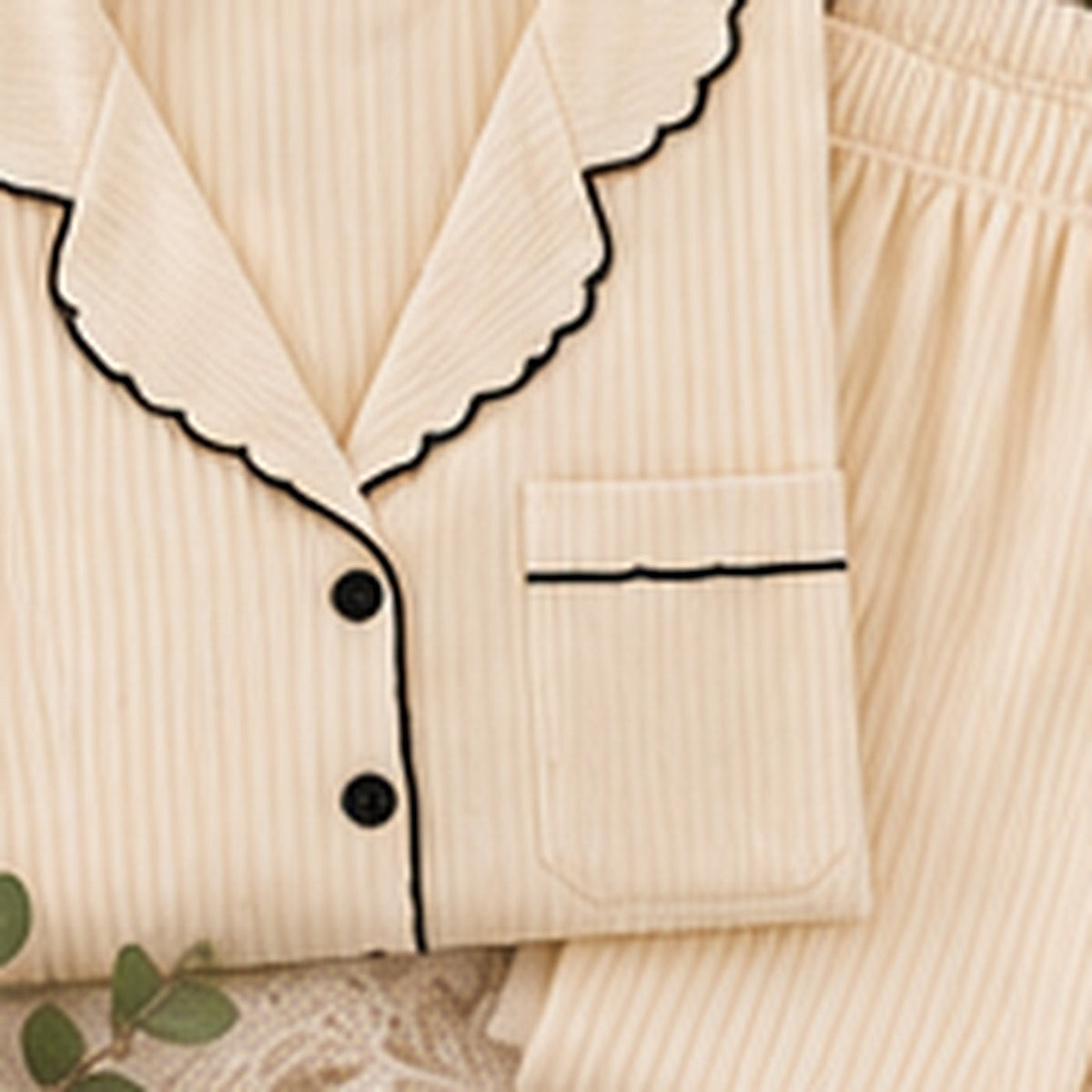 Beige ribbed pajama shirt product-only fabric and trim details