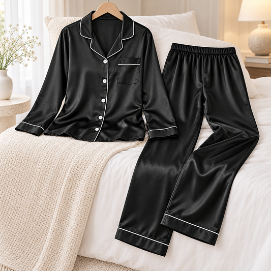 Black women's satin-look pajama set with long pants