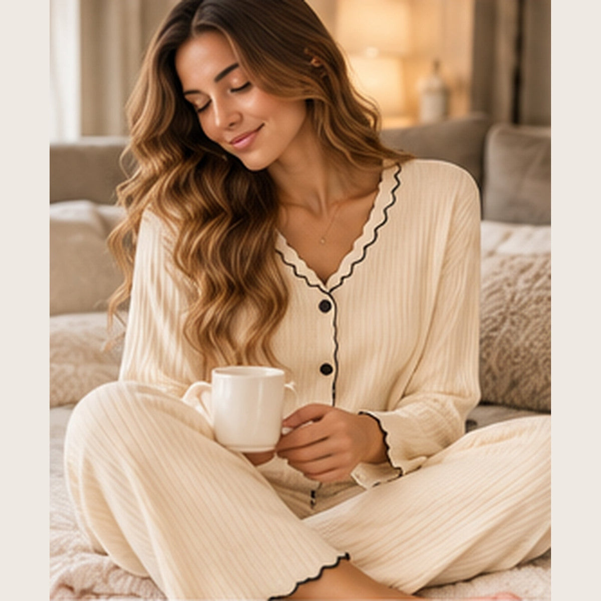 Beige ribbed bamboo pajamas with dark contrast trim on female model